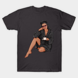 woman with cup of tea in black spa robe T-Shirt